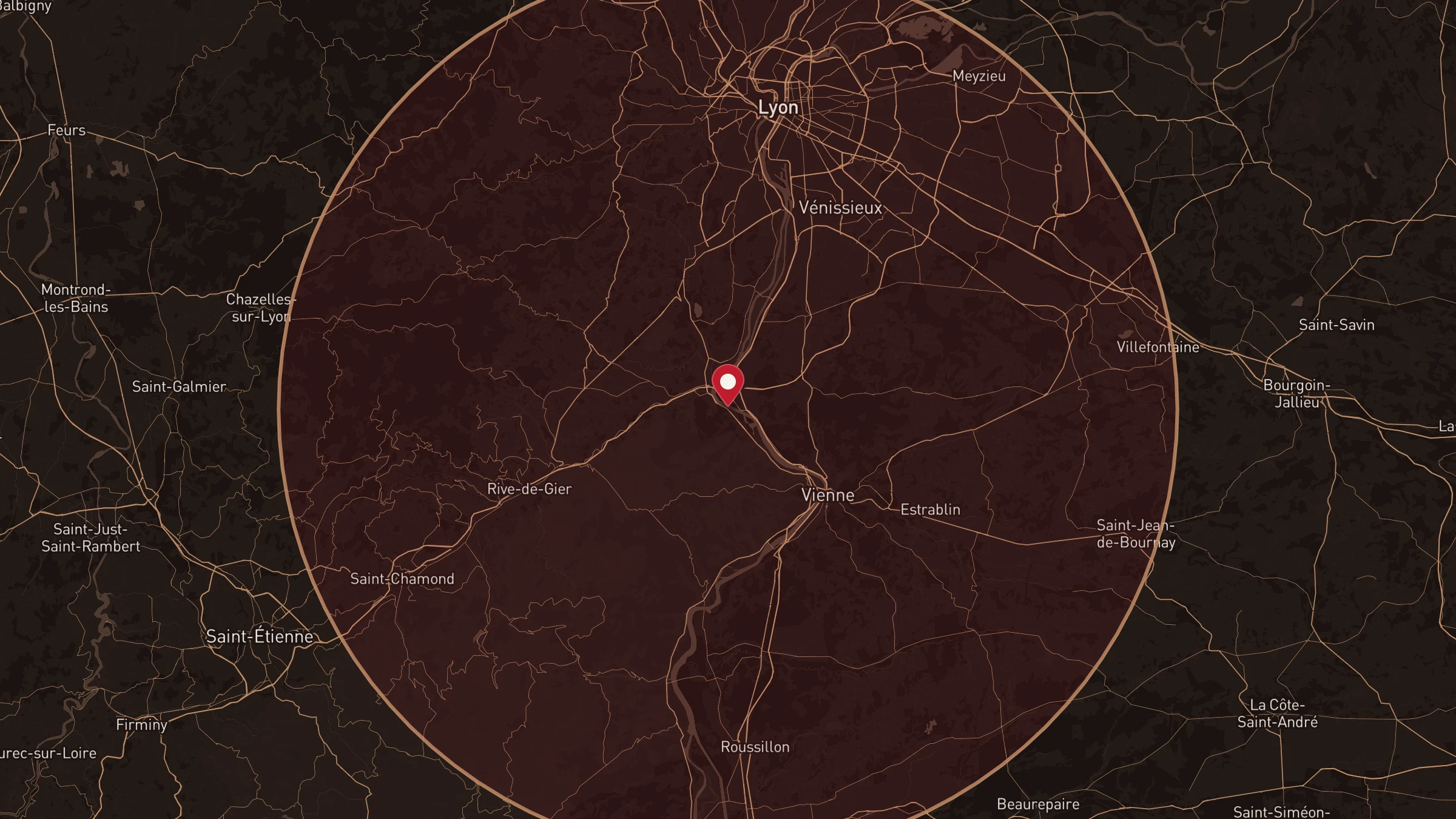 Carte du secteur d'intervention HDM Menuiserie : rayon de 30 km autour de Givors couvrant Vienne, Loire-sur-Rhône, Grigny, Chasse-sur-Rhône et les communes alentour